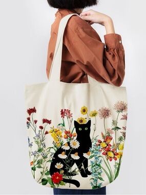 Black Cat Cream Floral Tote Bag Spring Summer Reusable Travel Library Market